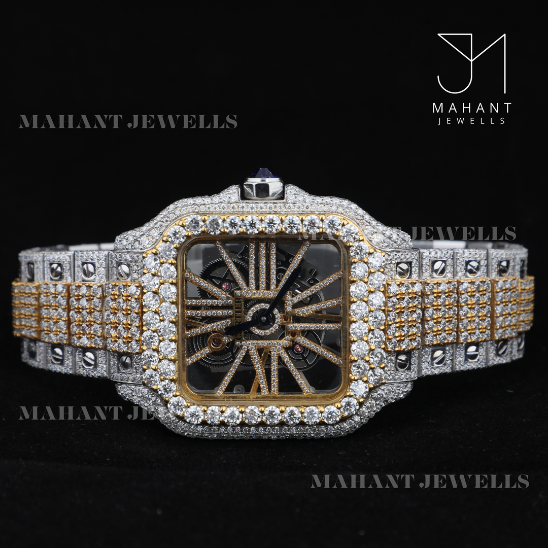 Fully VVS Moissanite Studded Two Tone Skeleton Diamond Watch