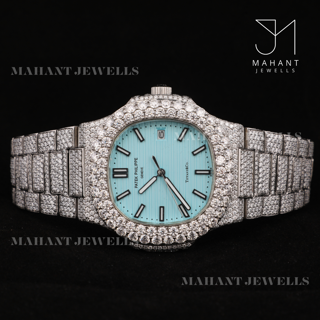 Fully Iced Out Sky Blue Dial Watch