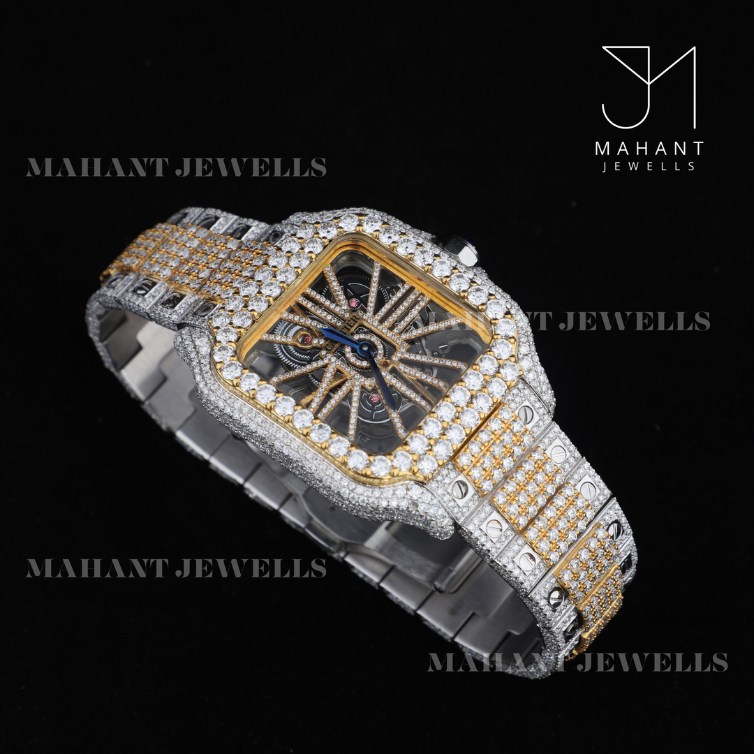 Fully VVS Moissanite Studded Two Tone Skeleton Diamond Watch
