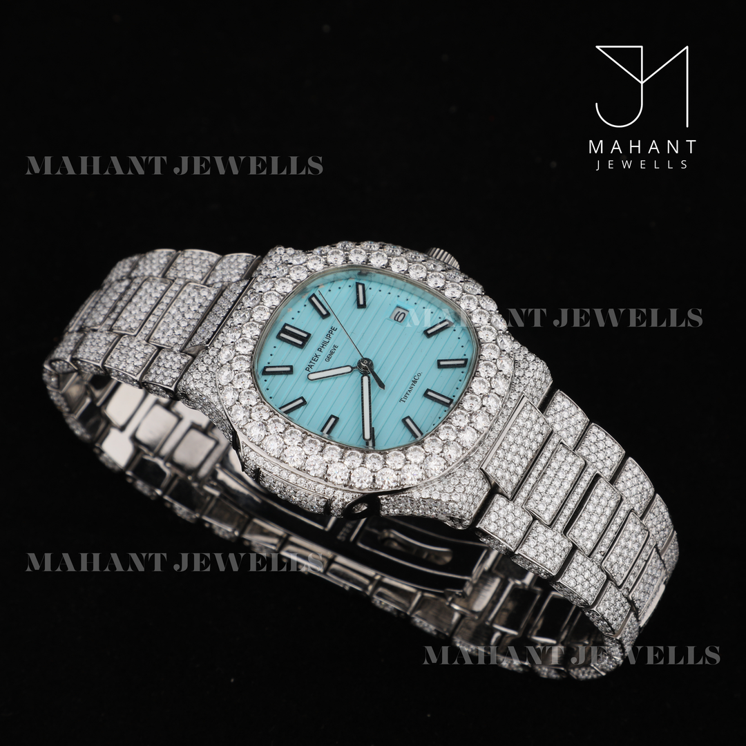 Fully Iced Out Sky Blue Dial Watch