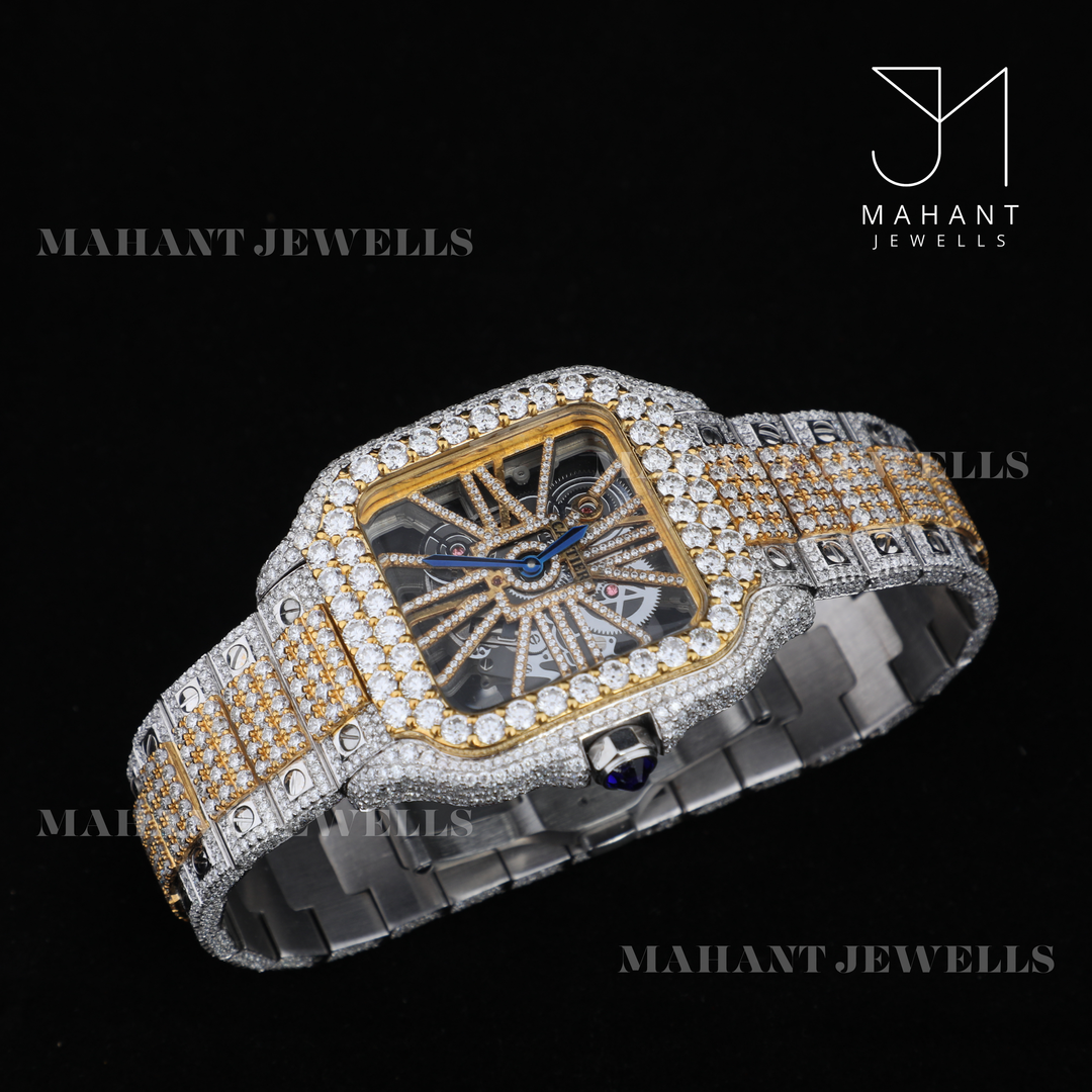 Fully VVS Moissanite Studded Two Tone Skeleton Diamond Watch