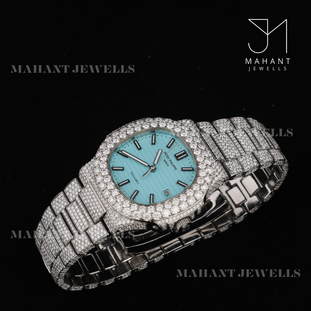 Fully Iced Out Sky Blue Dial Watch