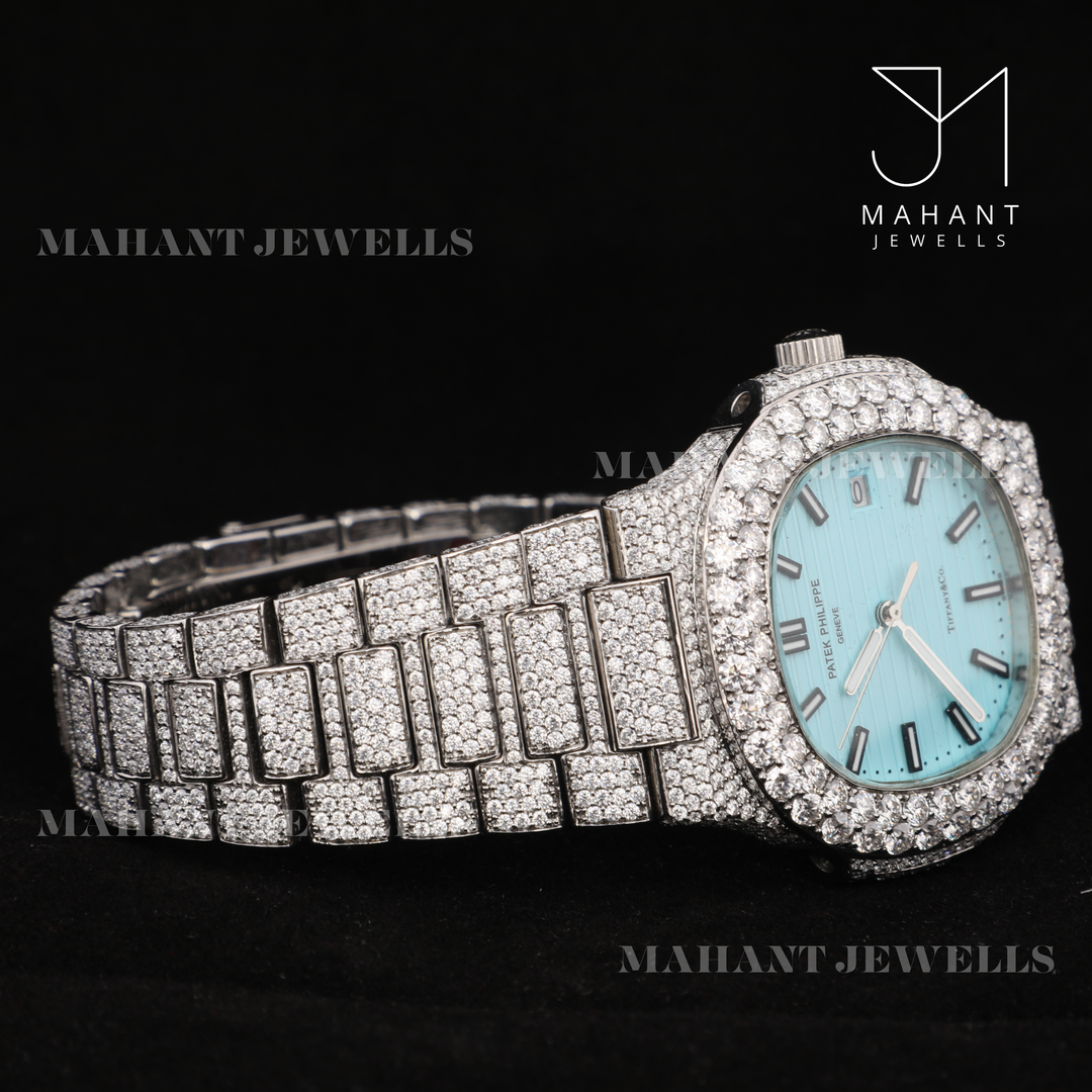 Fully Iced Out Sky Blue Dial Watch