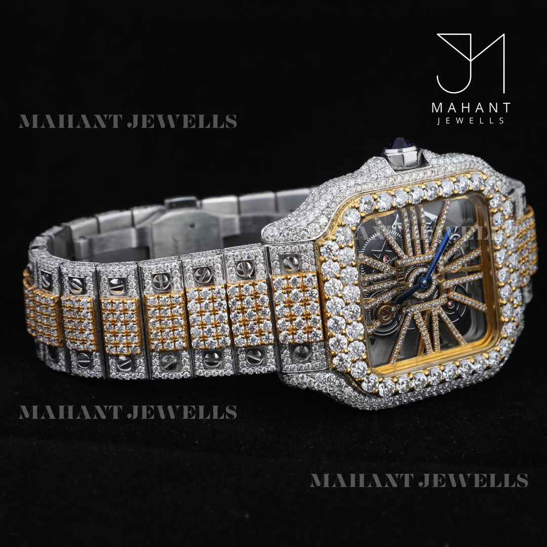 Fully VVS Moissanite Studded Two Tone Skeleton Diamond Watch
