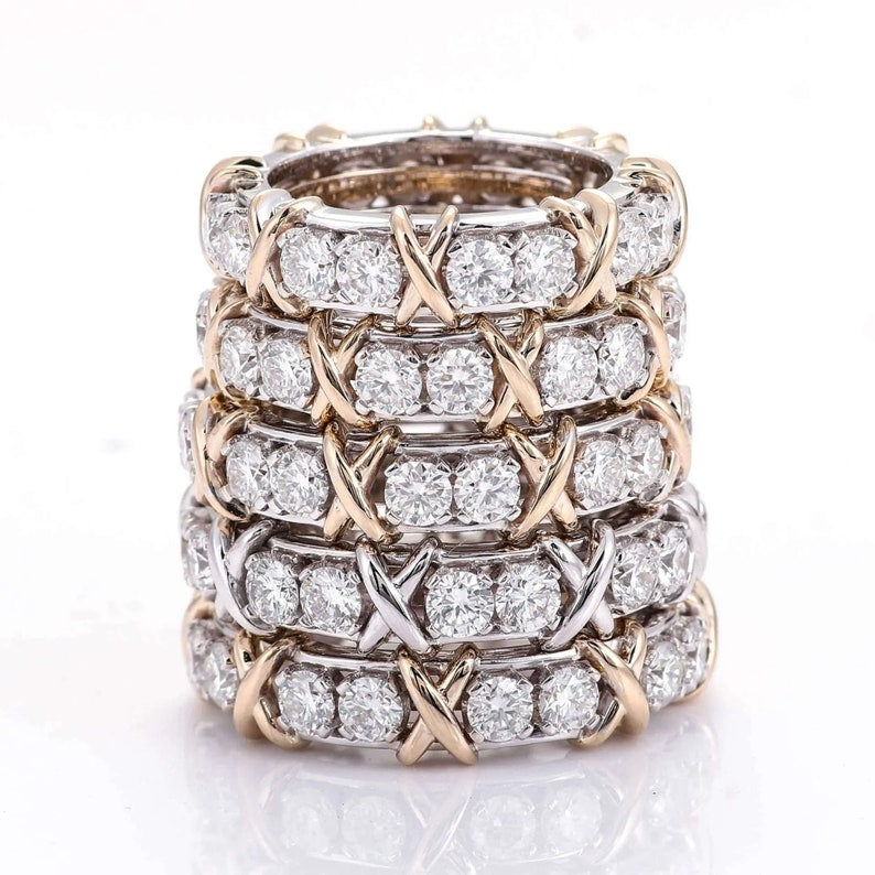 Lab Grown Diamond Set X Ring Eternity Band Sixteen Stone Two Tone Full Eternity Wedding Band