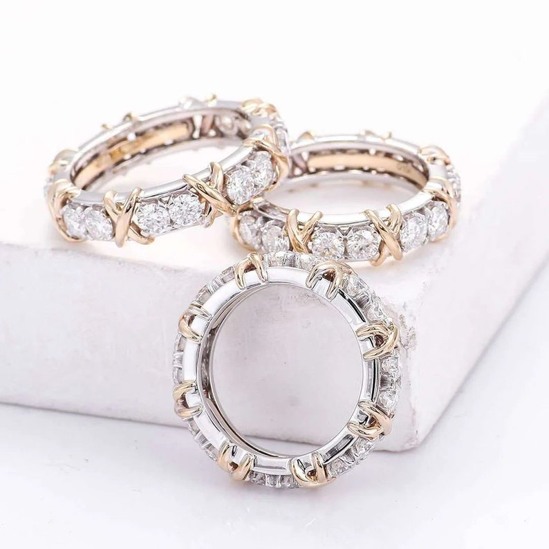 Lab Grown Diamond Set X Ring Eternity Band Sixteen Stone Two Tone Full Eternity Wedding Band