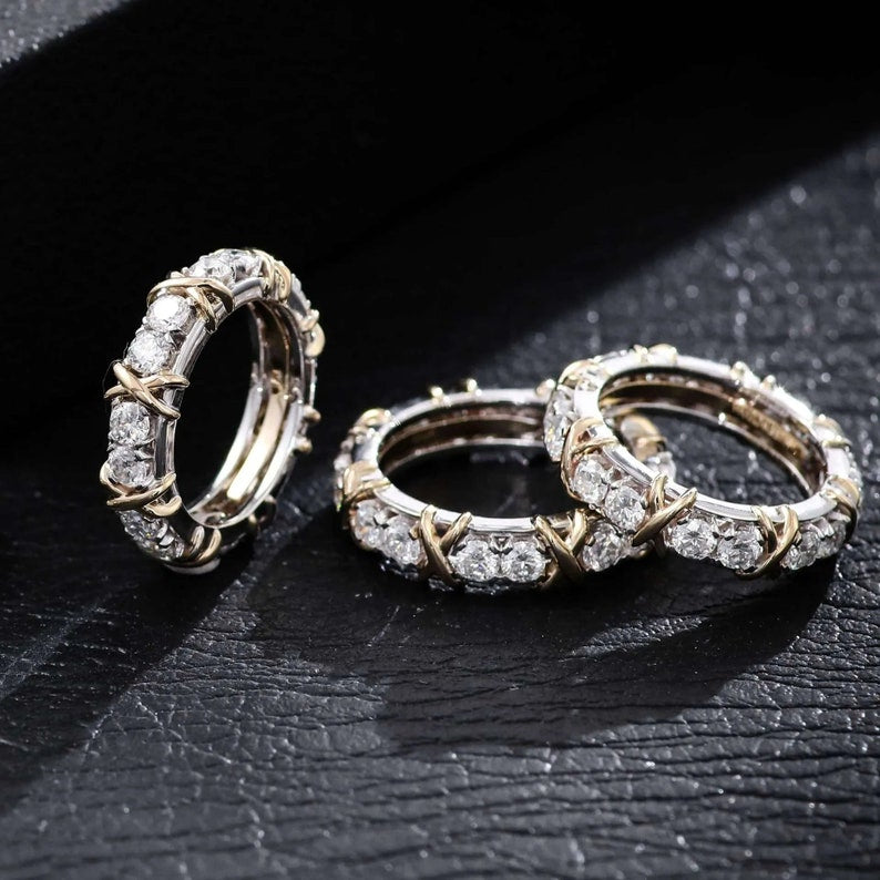 Lab Grown Diamond Set X Ring Eternity Band Sixteen Stone Two Tone Full Eternity Wedding Band
