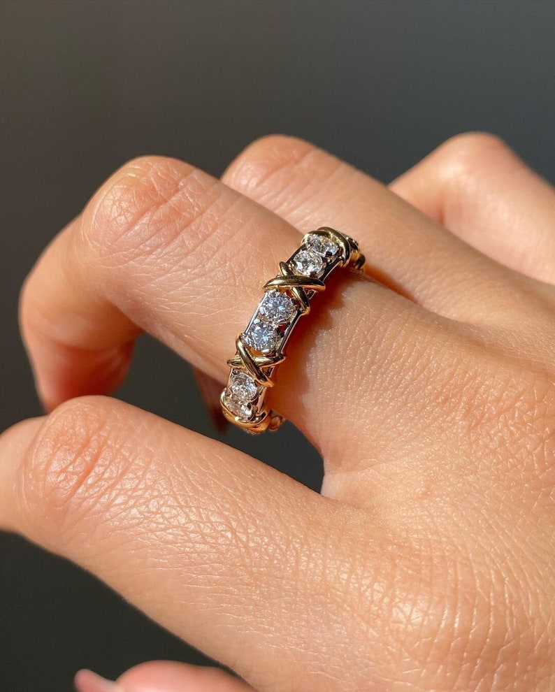 Lab Grown Diamond Set X Ring Eternity Band Sixteen Stone Two Tone Full Eternity Wedding Band