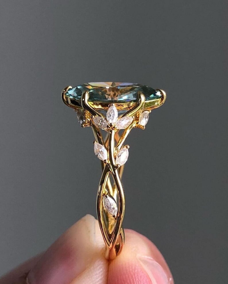 2 CT Art Deco Style Floral Leaf Moissanite Ring Blue Green Marquise Cut Engagement Ring