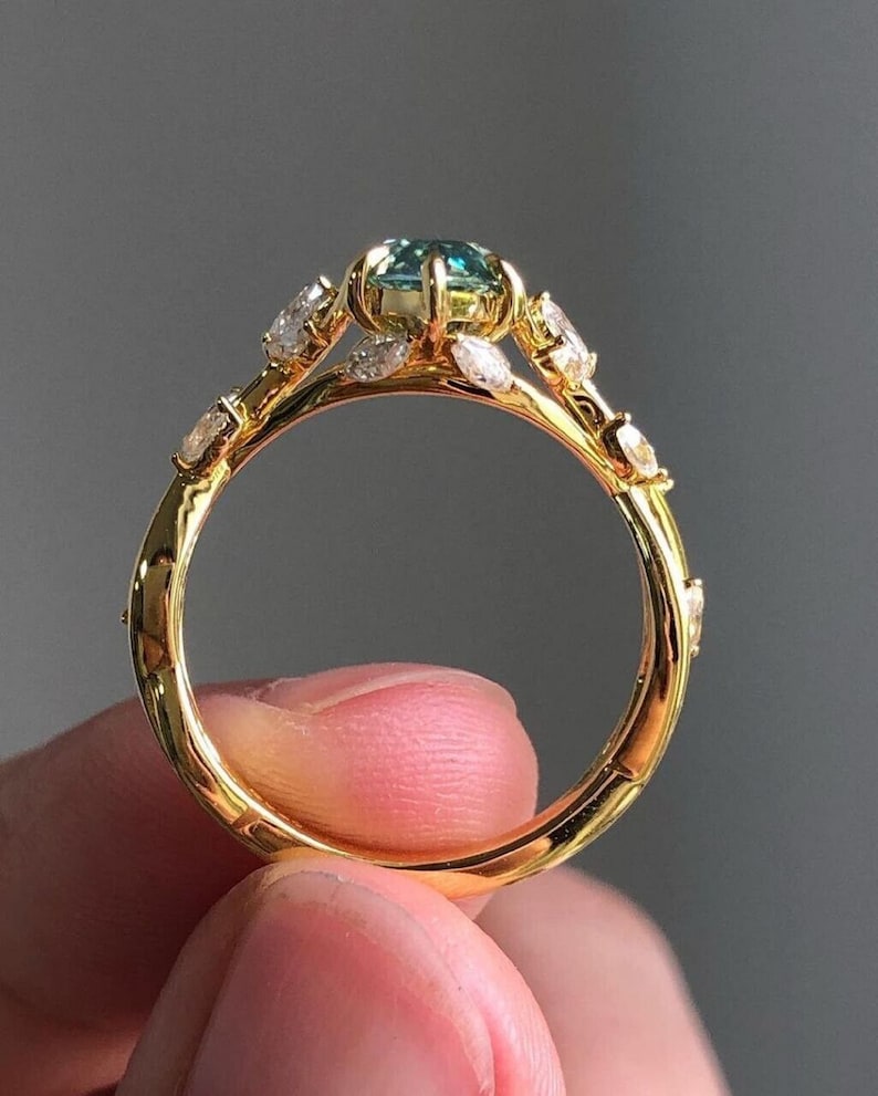 2 CT Art Deco Style Floral Leaf Moissanite Ring Blue Green Marquise Cut Engagement Ring