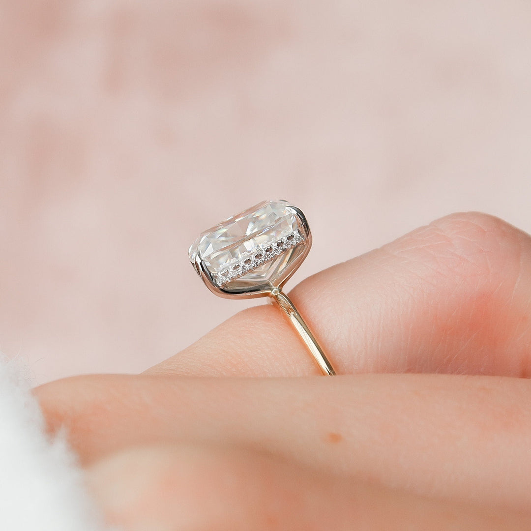 3 CT Elongated Cushion Cut Moissanite Hidden Halo Engagement Ring In 18K Solid Two Tone Gold Ring