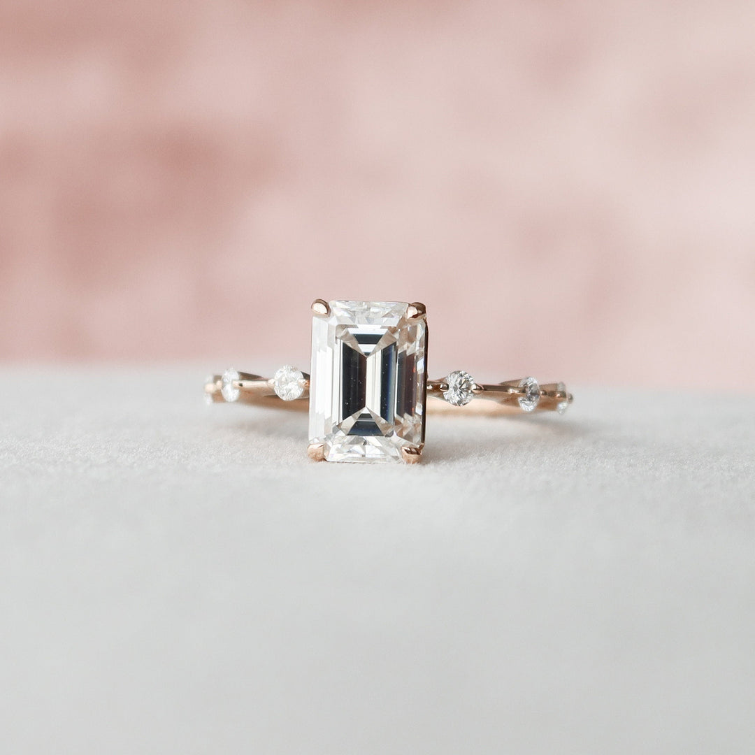 2 CT Emerald Cut Moissanite Distance Pave Engagement Ring 18K Solid Yellow Gold Ring
