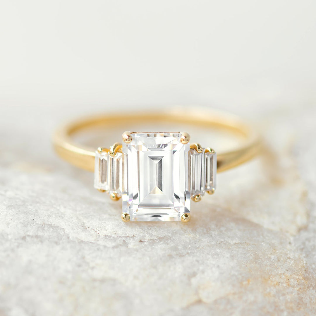 1.50 CT Emerald Cut Moissanite 5 Stone Engagement Ring 18K Solid Yellow Gold Ring