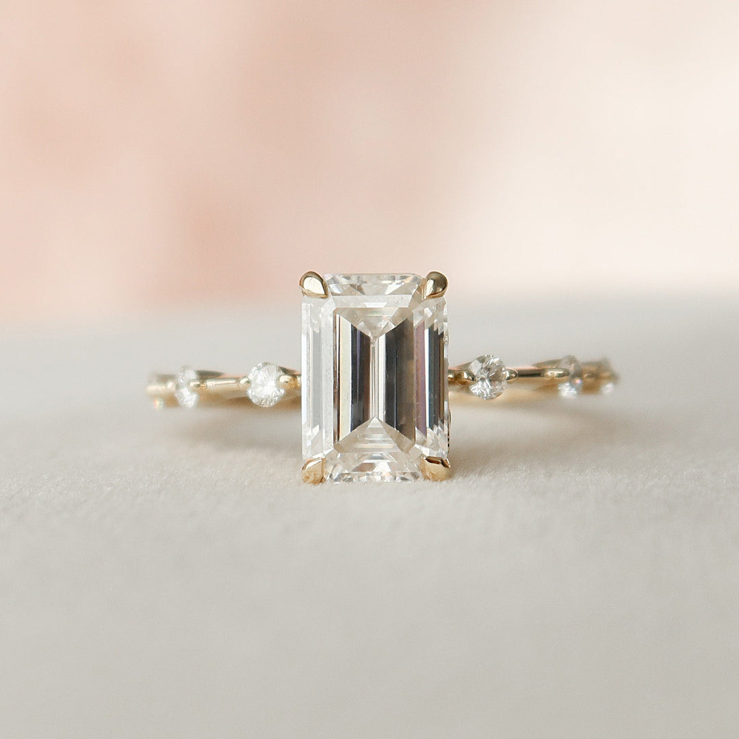 2 CT Emerald Cut Moissanite Distance Pave Engagement Ring 18K Solid Yellow Gold Ring
