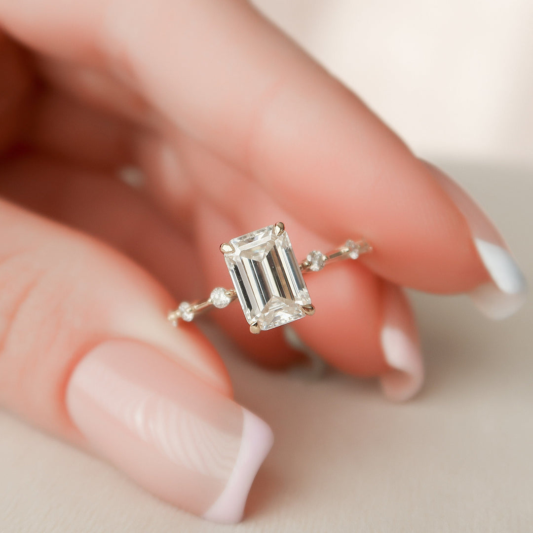 2 CT Emerald Cut Moissanite Distance Pave Engagement Ring 18K Solid Yellow Gold Ring